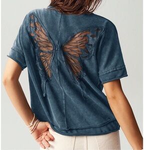 Mineral Wash Butterfly Cut out Reverse Stitch Short Sleeve Top XS S M L XL XXL